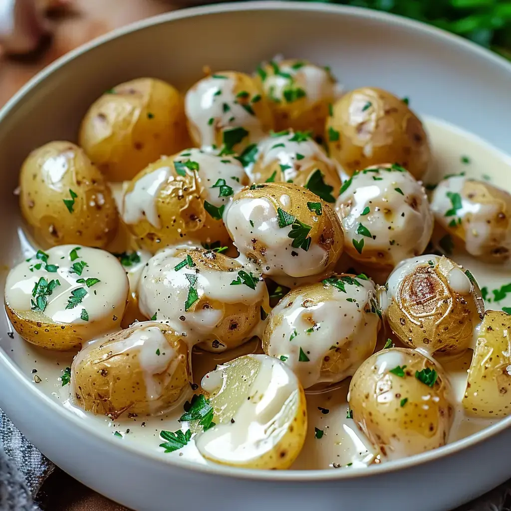 Frühkartoffeln in cremiger Soße, mit Petersilie garniert.