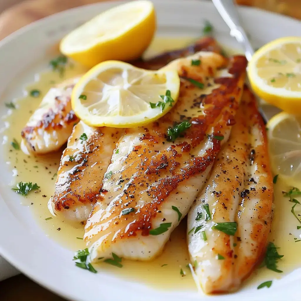 Gegrillte Fischfilets, garniert mit Zitronenscheiben und frischen Kräutern, in Buttersoße serviert.