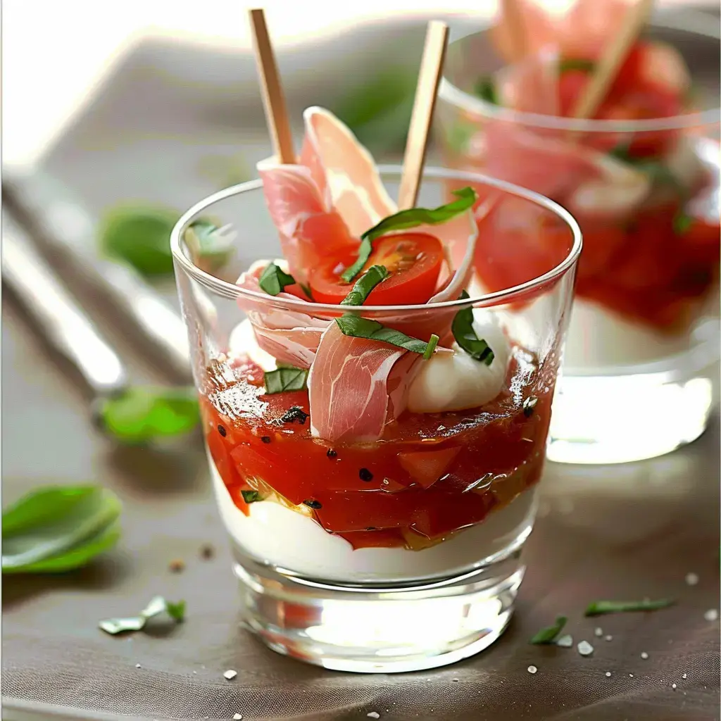 Transparentes Glas mit Schichten aus Tomaten, Creme und Schinken, verziert mit frischem Basilikum.
