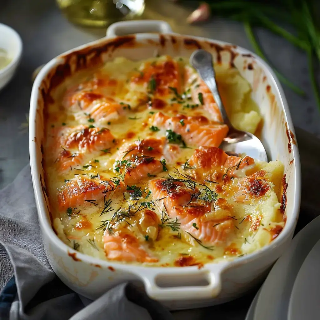 Lachs-Kartoffel-Auflauf mit Kräutergarnitur in weißer Auflaufform