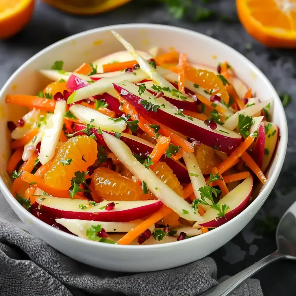 Frischer Salat aus Äpfeln, Möhren, Mandarinen und Kräutern in weißer Schüssel.