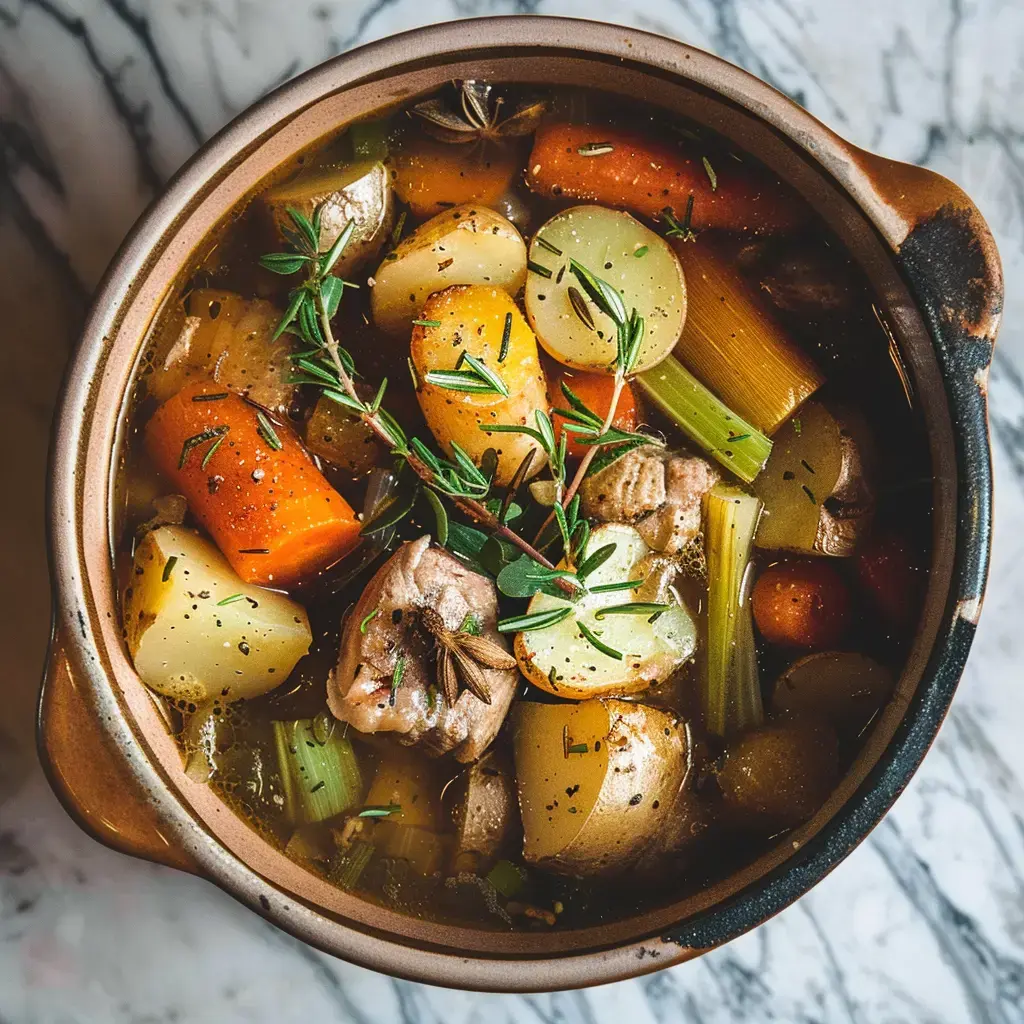 Eine Ton-Kasserolle enthält einen Eintopf mit Fleisch und buntem Gemüse, mit Kräutern verfeinert.