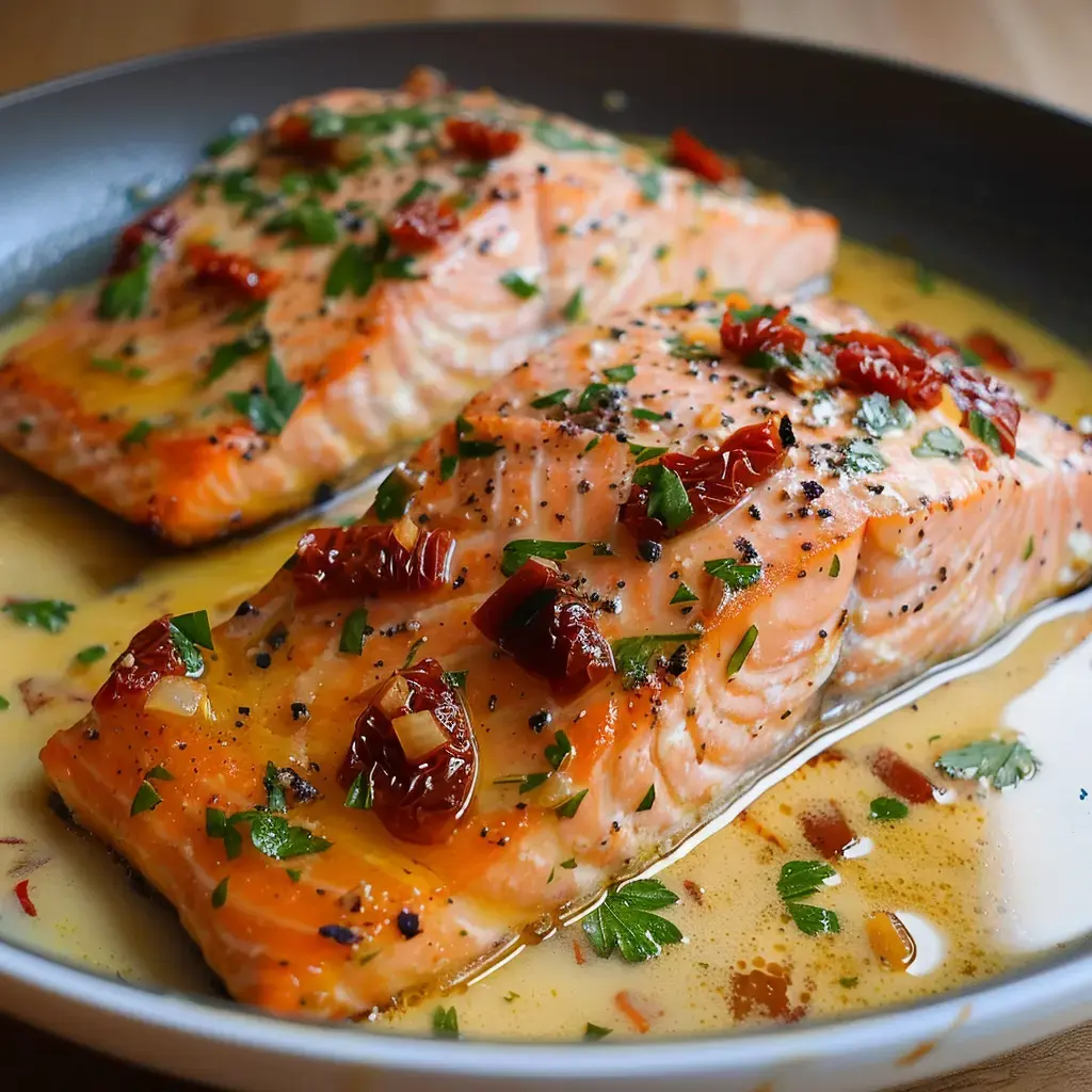 Zwei Lachsfilets in Buttersauce mit Kräutern und getrockneten Tomaten, in einer Pfanne serviert.