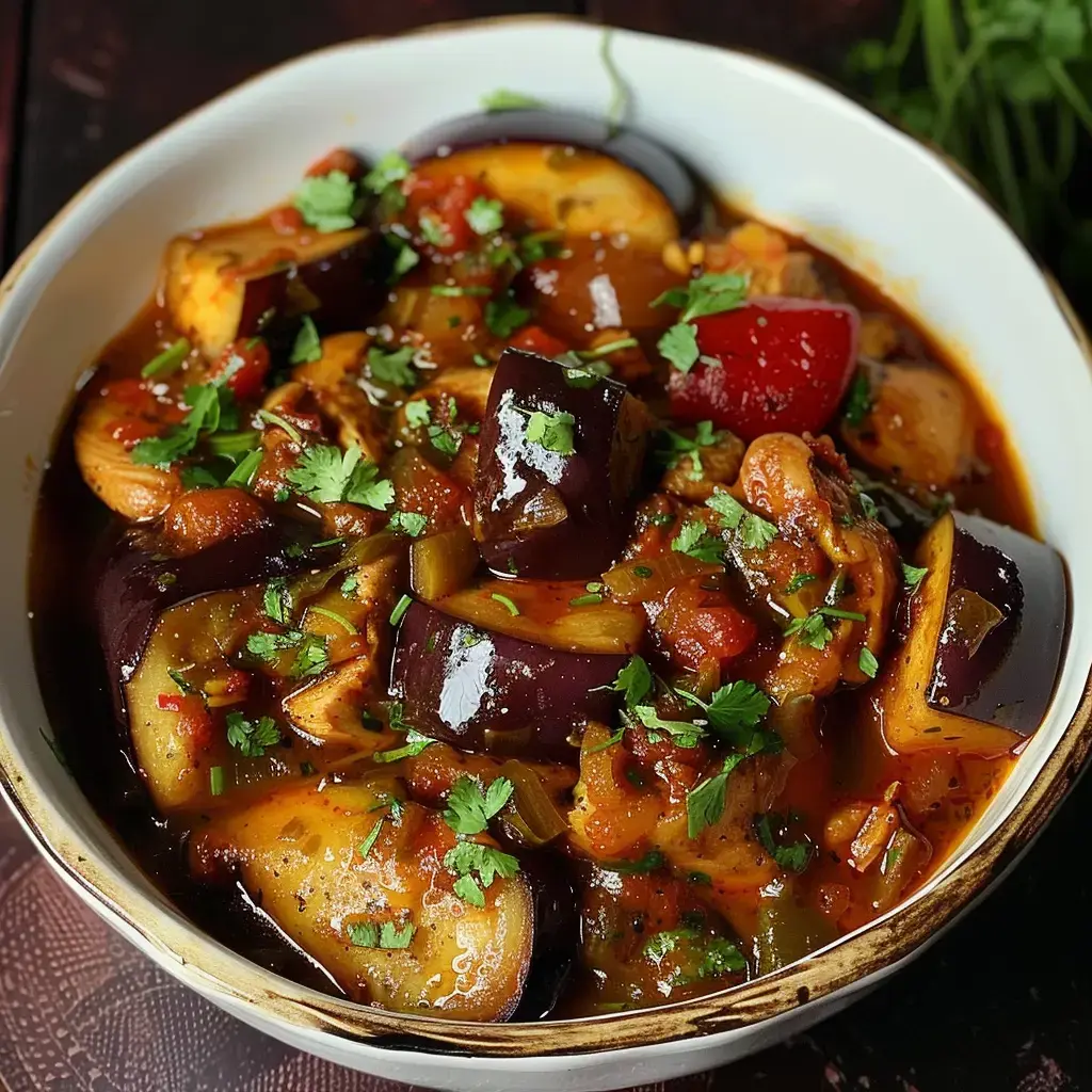 Ein Gericht mit vielen Gemüsesorten, hauptsächlich Auberginen, Tomaten und Paprika, garniert mit frischem Koriander.