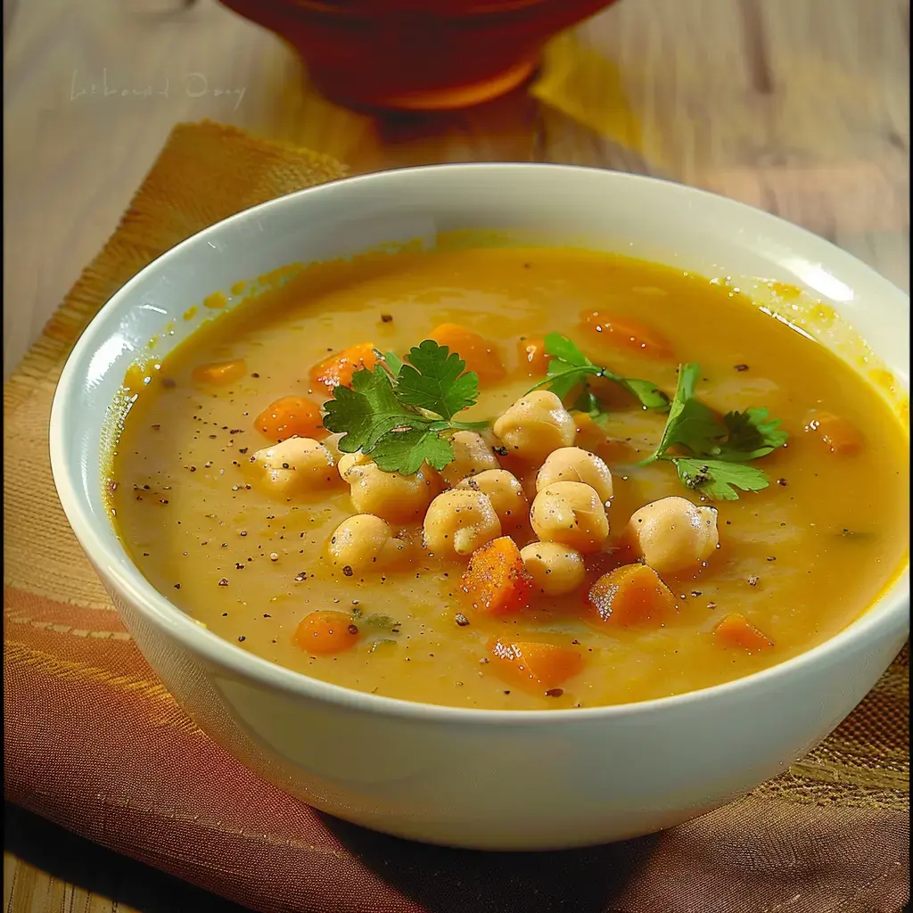 Eine weiße Suppenschüssel gefüllt mit cremiger Kichererbsen-Karotten-Suppe, garniert mit frischem Koriander.