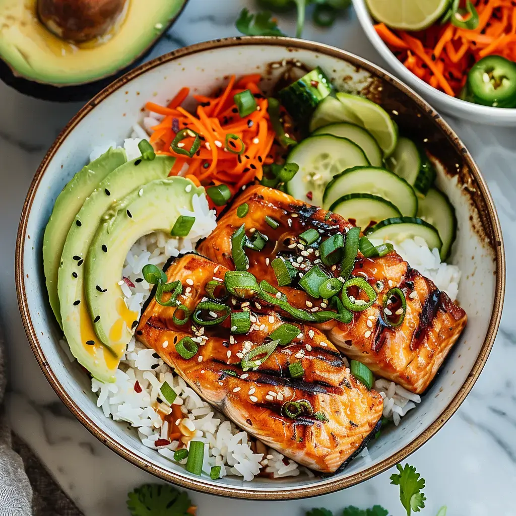 Eine bunte Bowl mit Reis, gegrilltem Lachs, Avocado, geraspelten Karotten und Gurkenscheiben, garniert mit Frühlingszwiebeln und Sesamsamen.