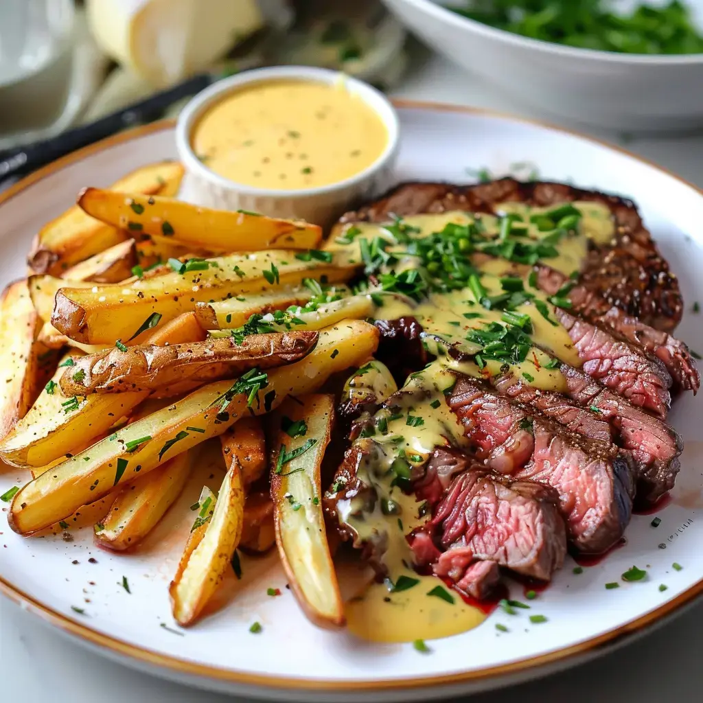 Ein saftiges Steak mit goldbraunen Pommes und cremiger Sauce, garniert mit gehacktem Schnittlauch.
