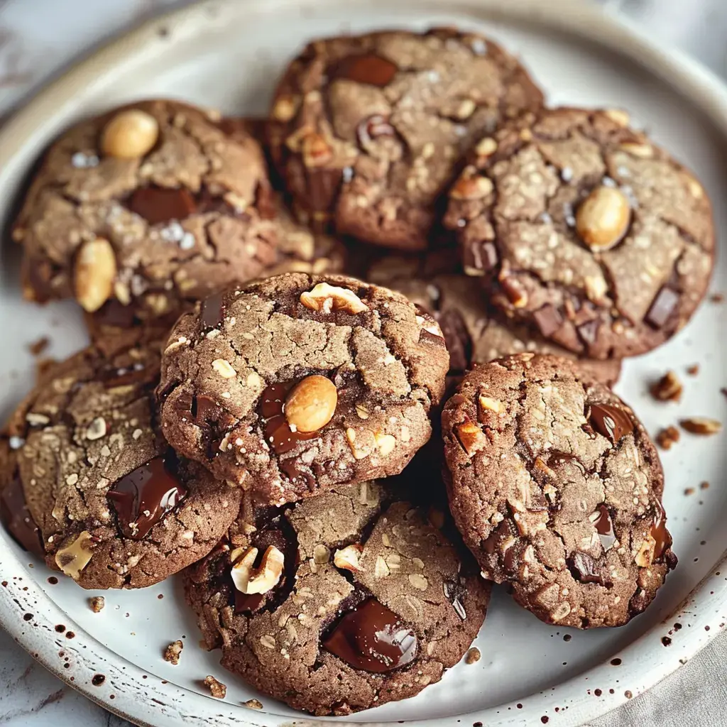 Selbstgemachte Cookies mit Schokoladenstückchen, Nüssen und einer knusprigen Oberfläche auf einem Teller angerichtet