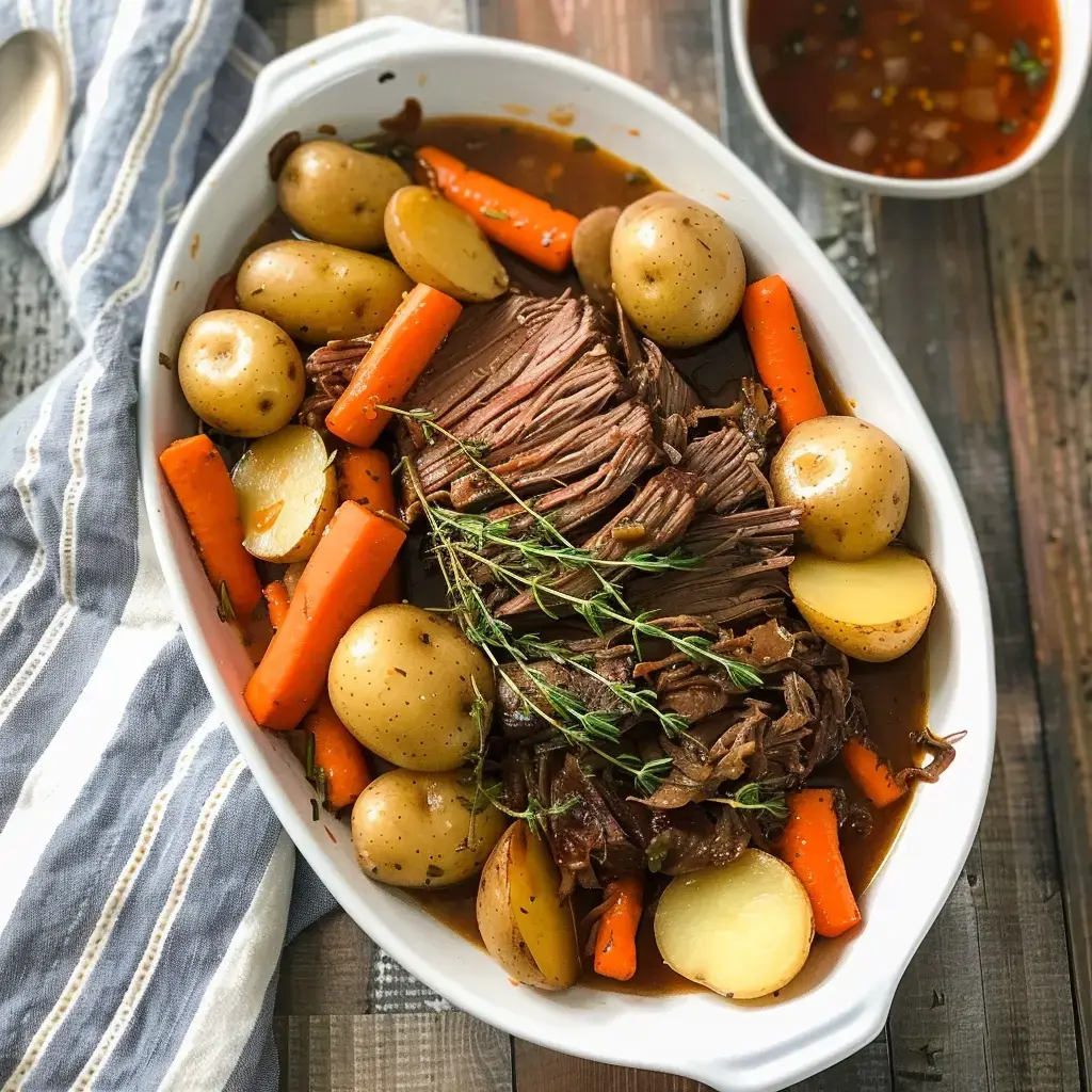 Ein Teller mit Schmorbraten, Möhren, Kartoffeln und Kräutern, serviert auf weißem Geschirr.
