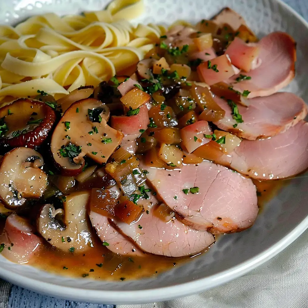 Teller mit Nudeln und Schweinefleisch-Scheiben, überzogen mit Pilz-Gemüse-Soße.