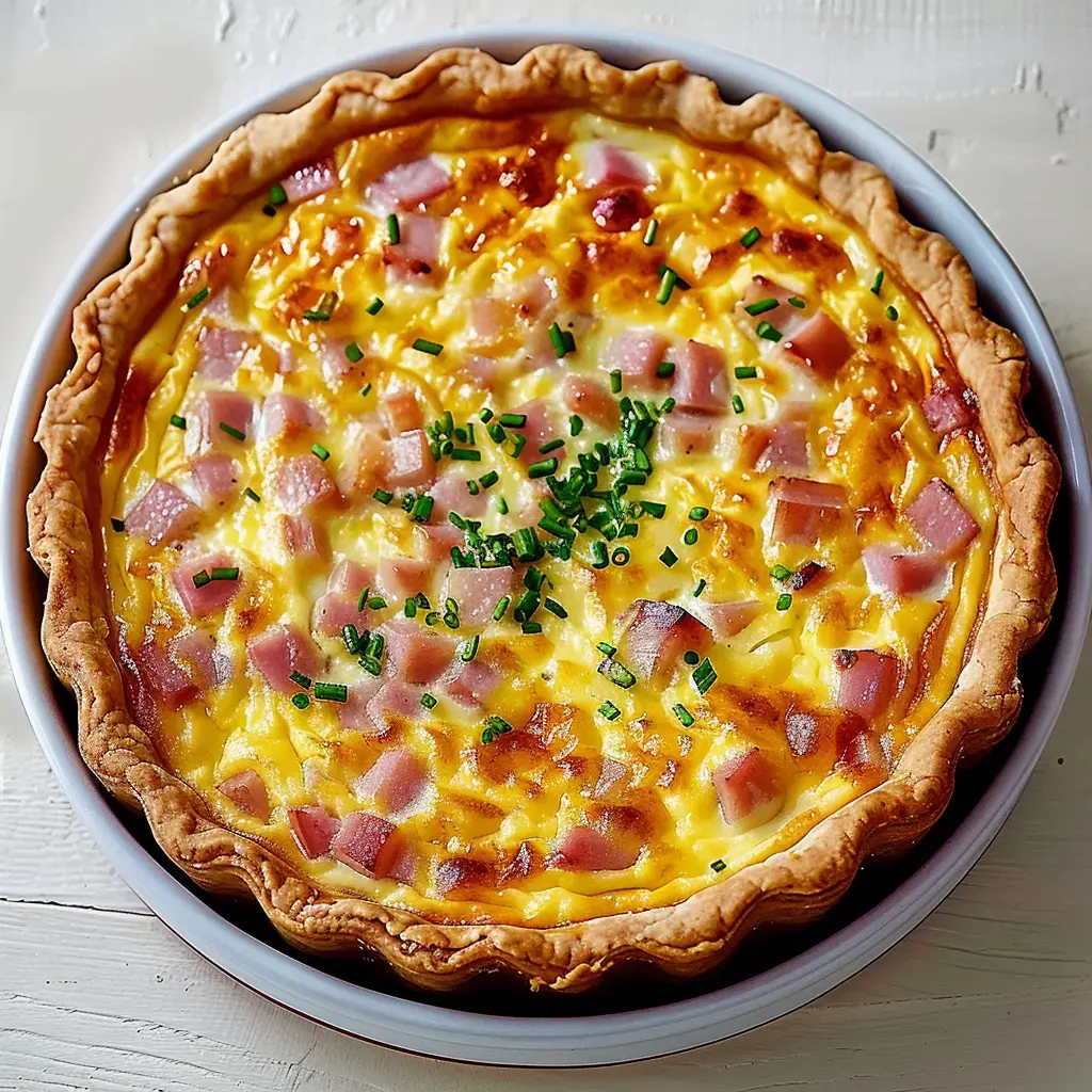 Herzhafte Tarte gefüllt mit Schinkenwürfeln und Schnittlauch.