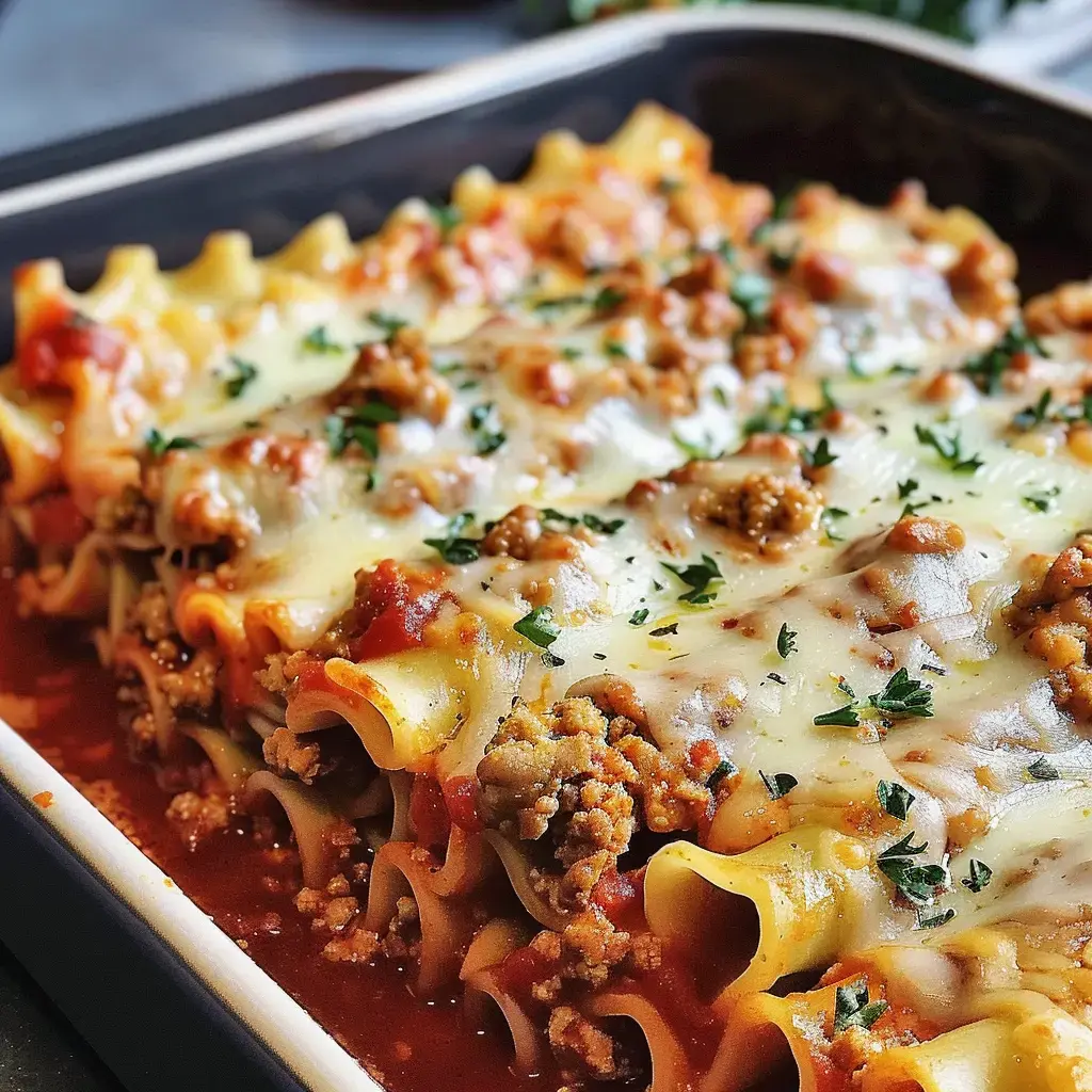 Ein Teller mit Lasagne gefüllt mit Hackfleisch, Tomatensoße und Käse, garniert mit Petersilie.