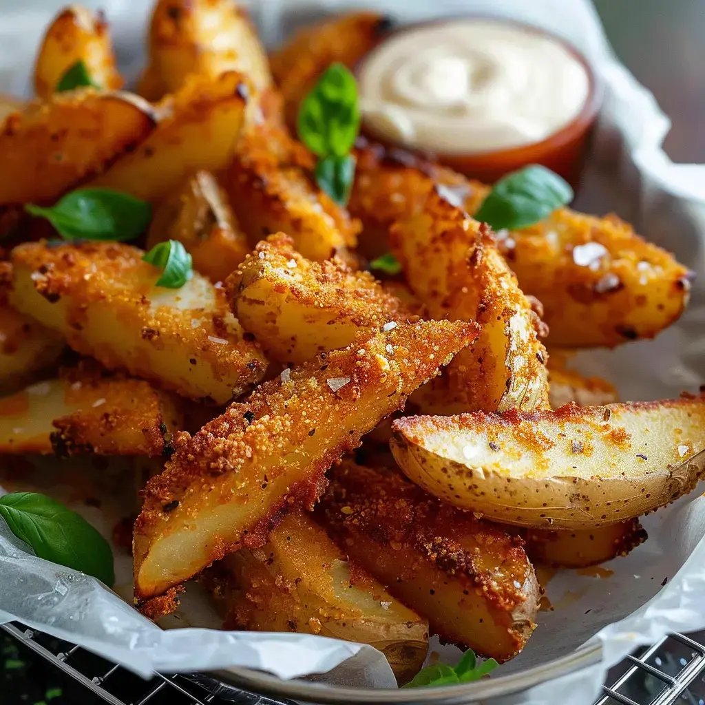 Knusprige Kartoffelspalten mit Gewürzen, einer weißen Sauce und einigen Basilikumblättern garniert.