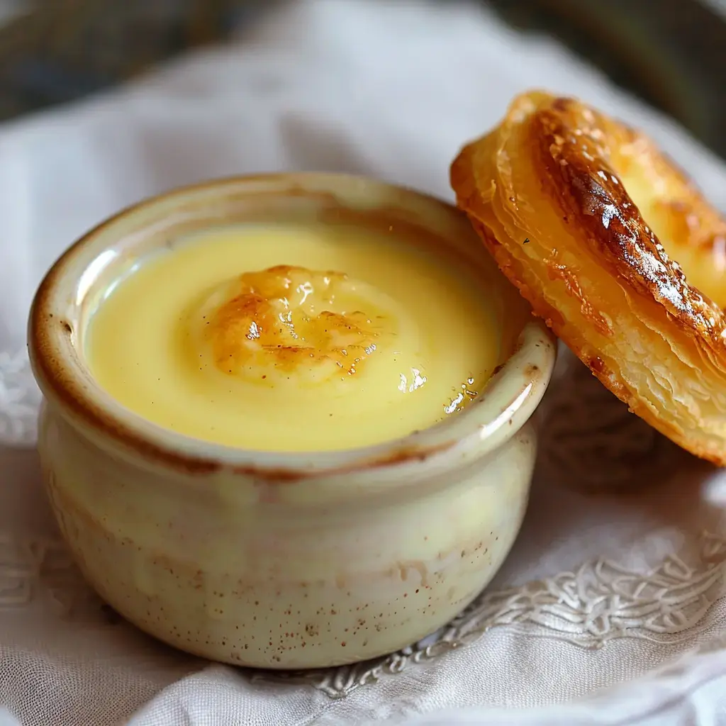 Eine cremige Vanillecreme in einer Keramikschüssel, daneben knuspriges Blätterteiggebäck.