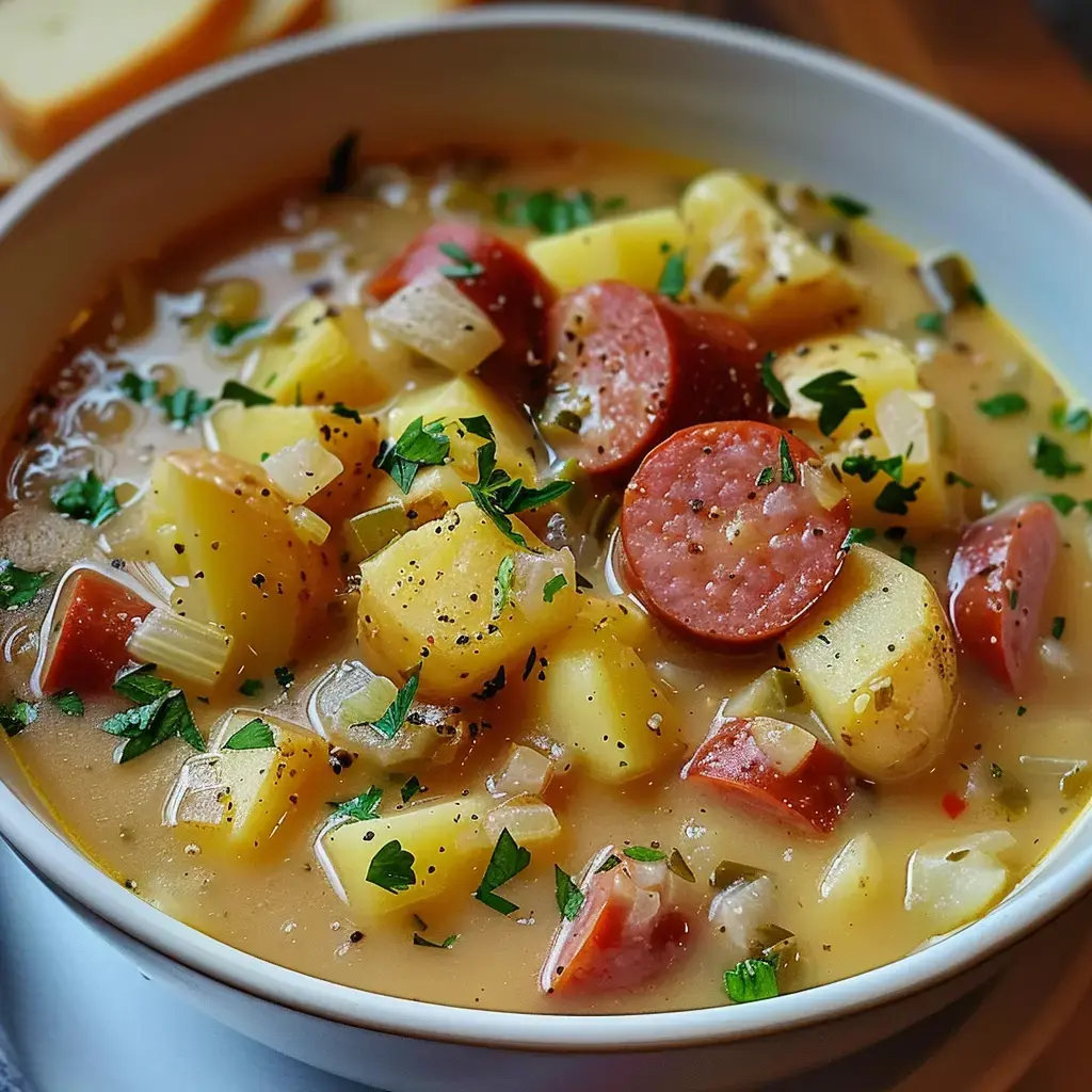 Eine cremige Kartoffel-Wurst-Suppe, garniert mit frischer Petersilie.