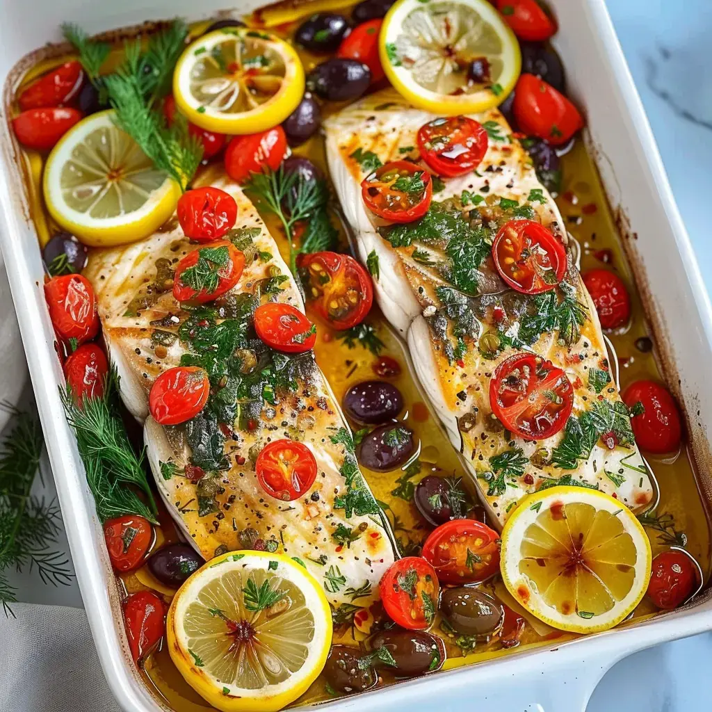 Zwei gegrillte Fischfilets garniert mit Kirschtomaten, Oliven und Zitronenscheiben, bestreut mit frischen Kräutern in einer Schüssel.