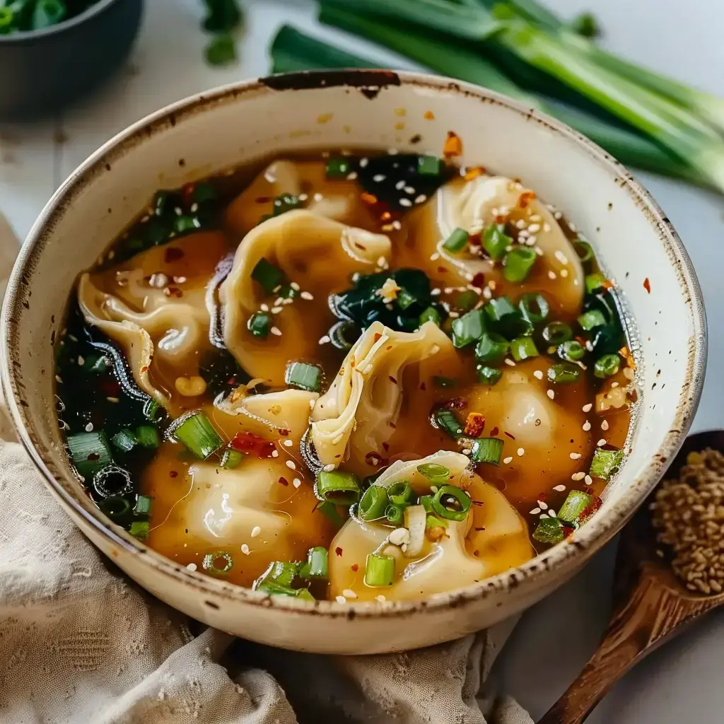 Eine dampfende Schale Gyoza-Suppe mit frischen Frühlingszwiebeln und Sesamkörnern garniert