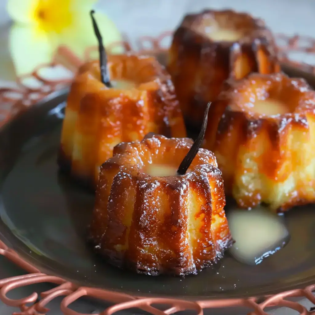 Vier goldbraun gebackene Cannelés mit glänzender Oberfläche, dekorativ angerichtet mit Vanilleschoten auf einem dunklen Teller.