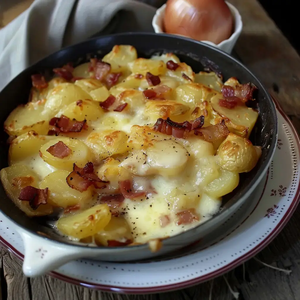 Eine goldbraun gebratene Kartoffelpfanne mit geschmolzenem Bergkäse und Speck, serviert in einer Eisenpfanne.