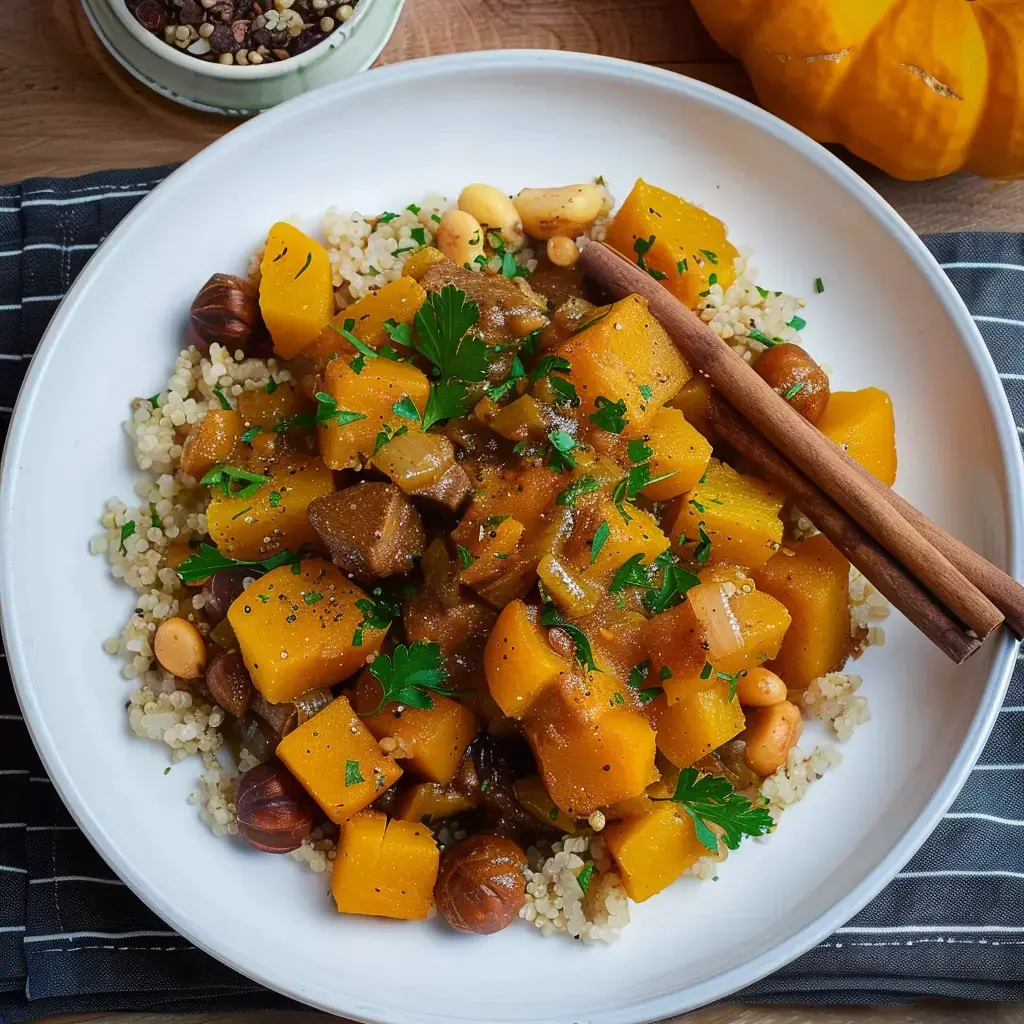 Ein dampfender Tajine gefüllt mit Kürbis, Gemüse und Maronen, garniert mit frischen Kräutern.