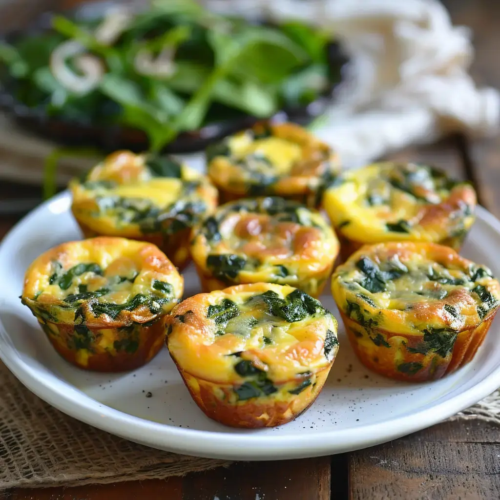 Goldbraun gebackene Spinat-Muffins als Hauptgericht, serviert mit einem grünen Salat im Hintergrund.