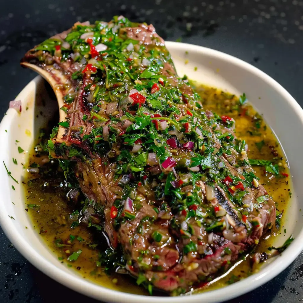 Ein mariniertes Steak mit Kräutern und Gewürzen in einer flachen Schale.