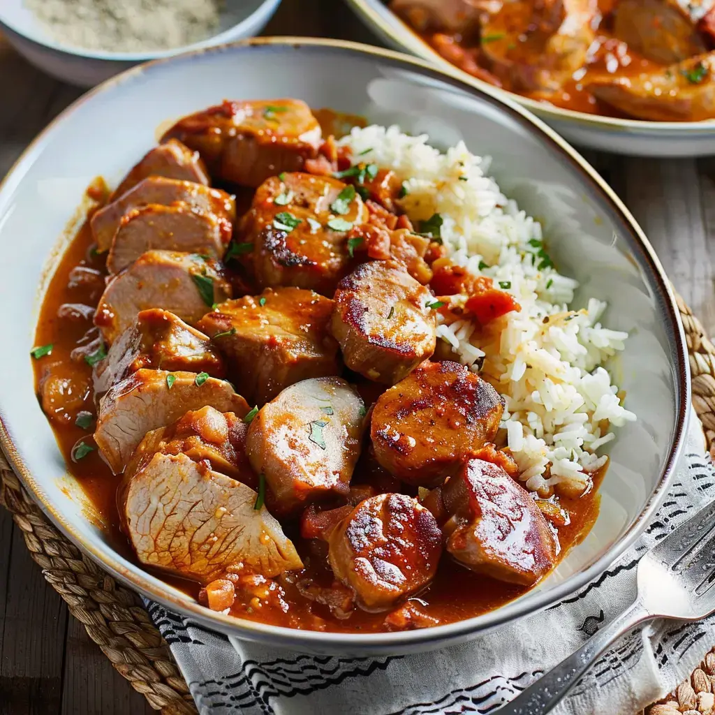 Schweinefilet in Sauce mit Reis und Petersilie garniert