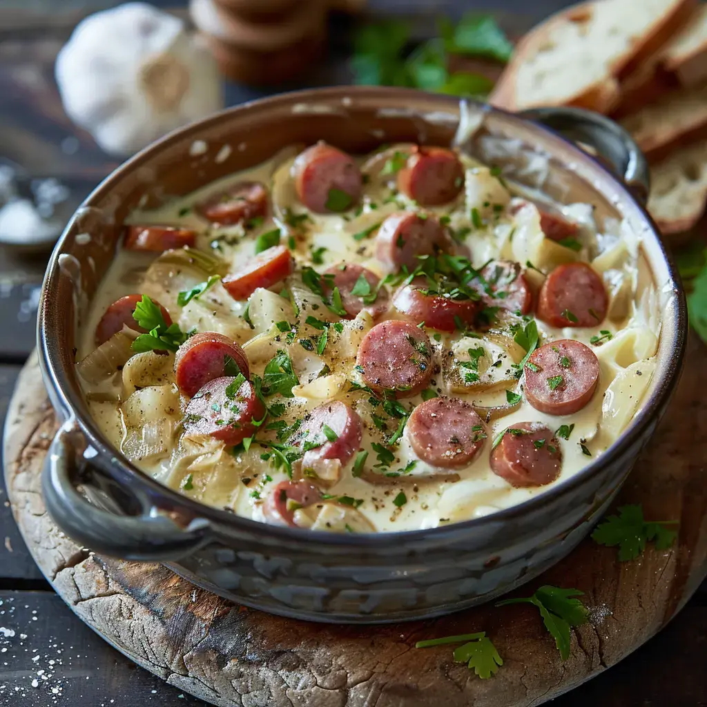 Ein cremiges Gericht mit Kasseler, Zwiebeln und frischen Kräutern, serviert in einem Schmortopf.