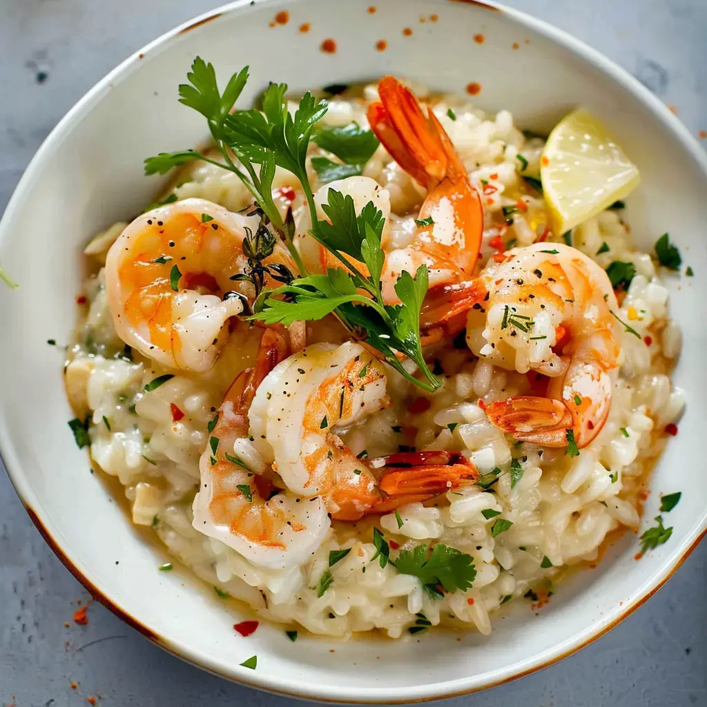 Cremiges Risotto mit gebratenen Garnelen und frischen Kräutern.