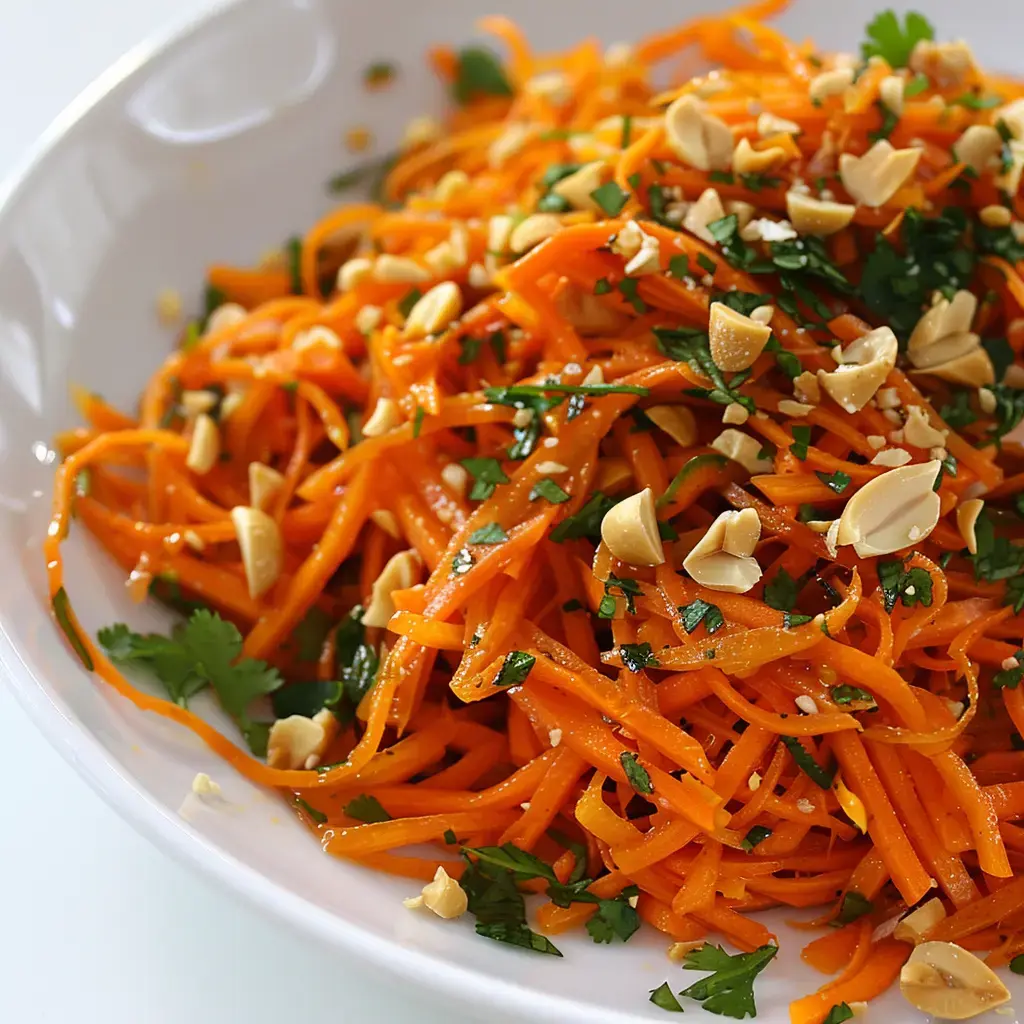 Ein Möhrensalat mit Erdnüssen und Koriander in einer weißen Schüssel.