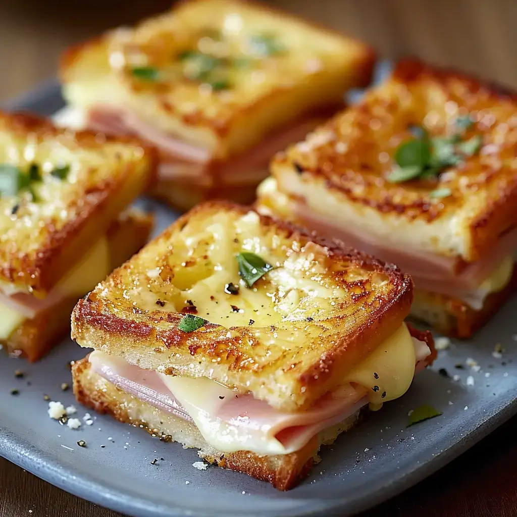 Vier goldbraun gebackene Sandwiches mit geschmolzenem Käse und Schinken, garniert mit Petersilie auf einem Teller serviert.