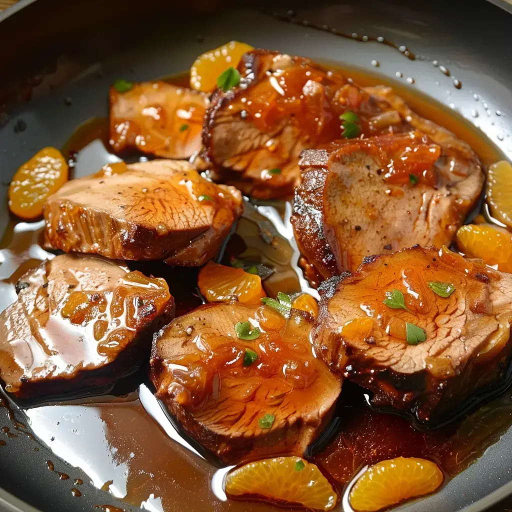 Saftige Filetmedaillons in süßlicher Sauce, garniert mit Orangenscheiben.