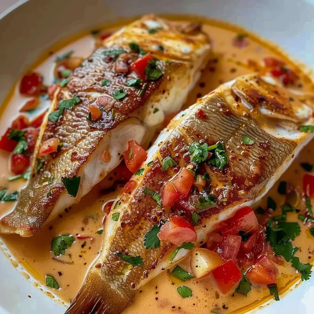 Zwei gegrillte Fischfilets garniert mit frischen Tomaten und Koriander in einer aromatischen Soße.