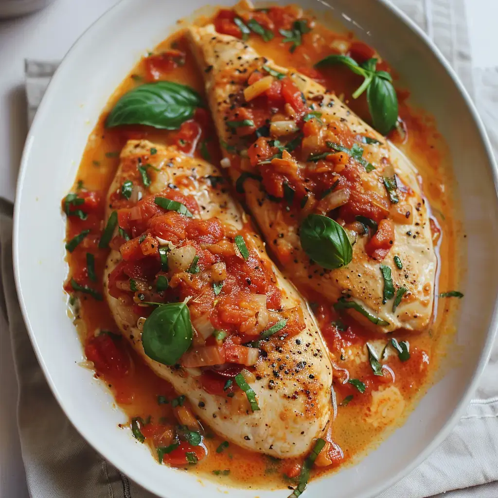 Zwei Hähnchenbrustfilets in cremiger Tomatensauce mit Zwiebeln und frischen Kräutern auf blauem Teller serviert.