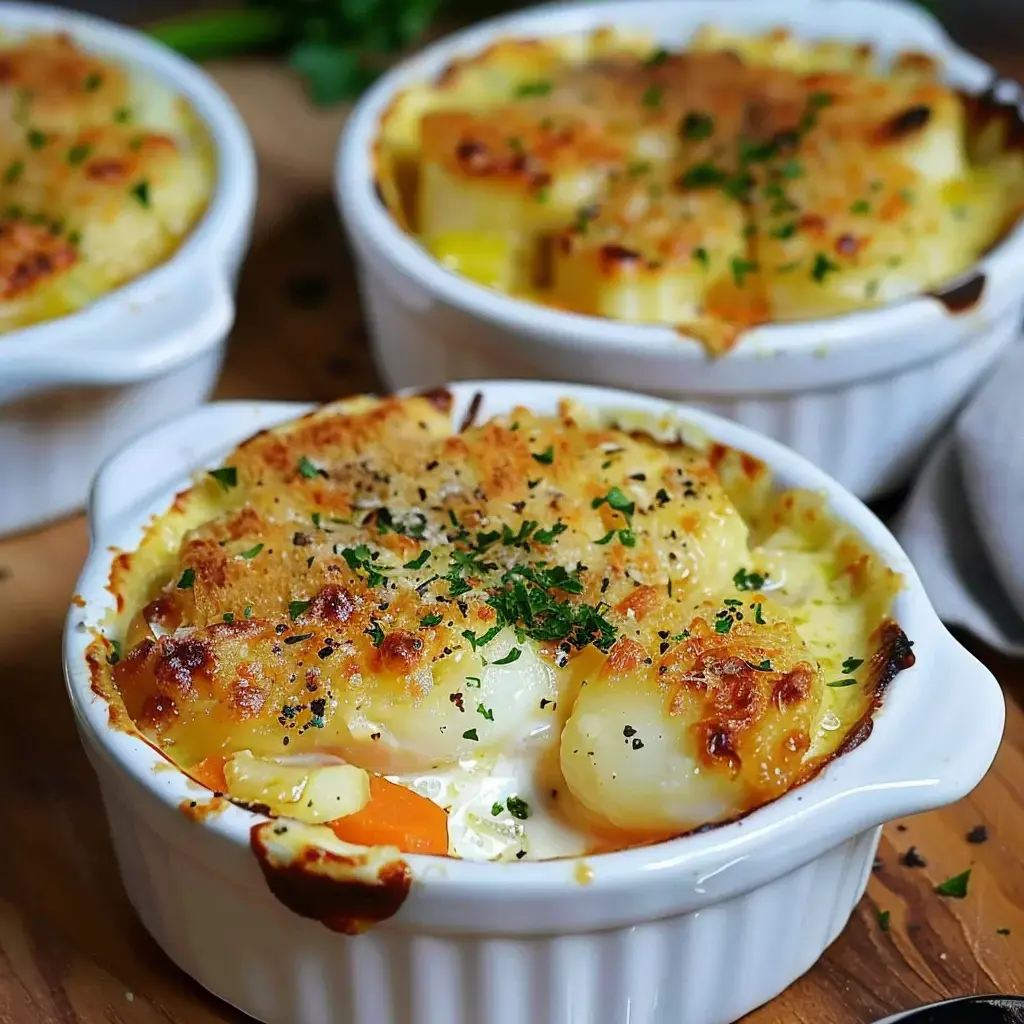 Einzelne Auflaufförmchen mit Gemüsegratin, garniert mit Sahne und goldbrauner Käsekruste, auf Holzuntergrund serviert.