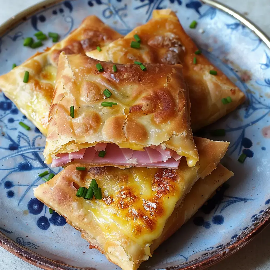 Goldbraune Teigtaschen gefüllt mit Käse und Schinken, garniert mit Schnittlauch, auf einem dekorativen Teller serviert.