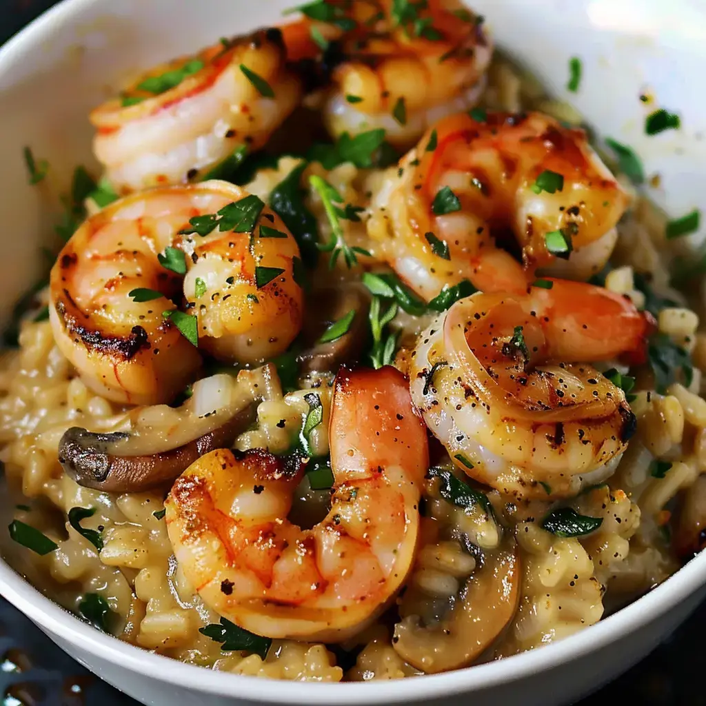 Eine Schüssel cremiges Risotto mit gegrillten Garnelen und Pilzen, bestreut mit frischer Petersilie.