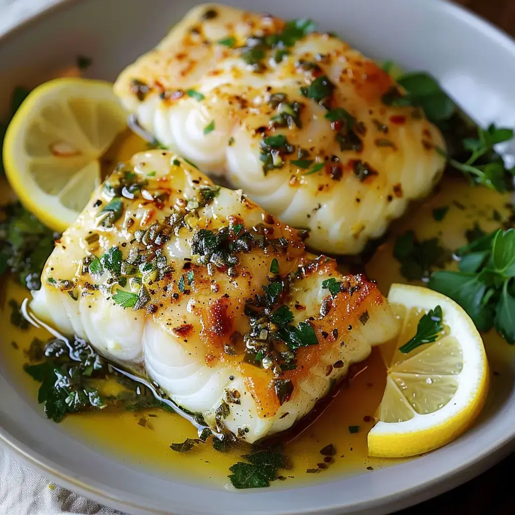 Zwei Stücke gegrillter Fisch, garniert mit feinen Kräutern, serviert mit Zitronenspalten auf einem Teller.