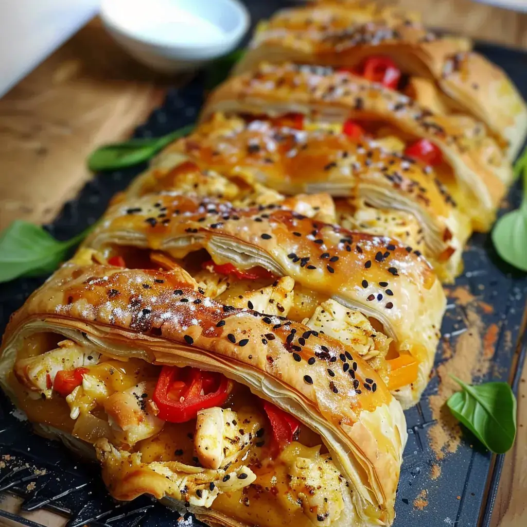 Ein köstlicher Blätterteigzopf gefüllt mit Hähnchen, Paprika und Gewürzen, garniert mit Mohnsamen.