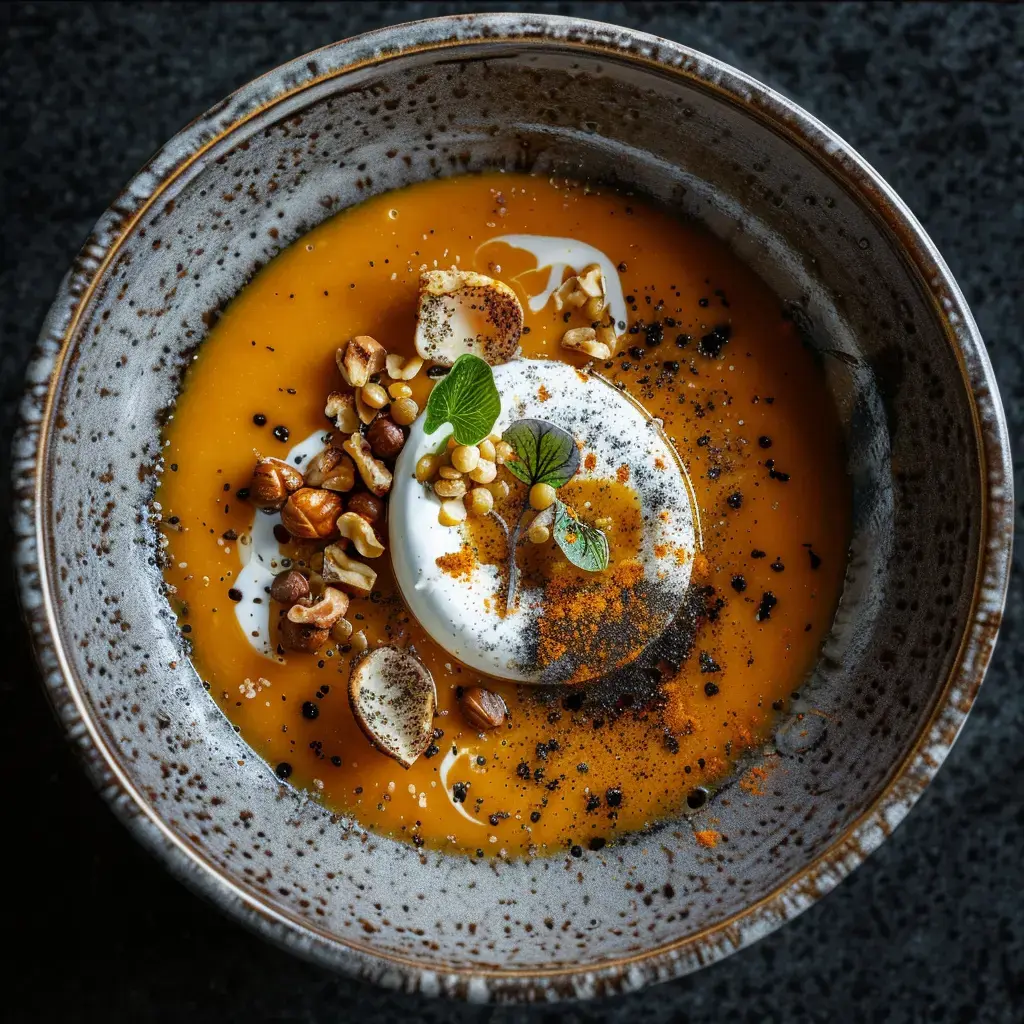 Eine Kürbissuppe serviert mit Sahne, gerösteten Nüssen, Samen und frischen Kräutern in einer stilvollen Schüssel.