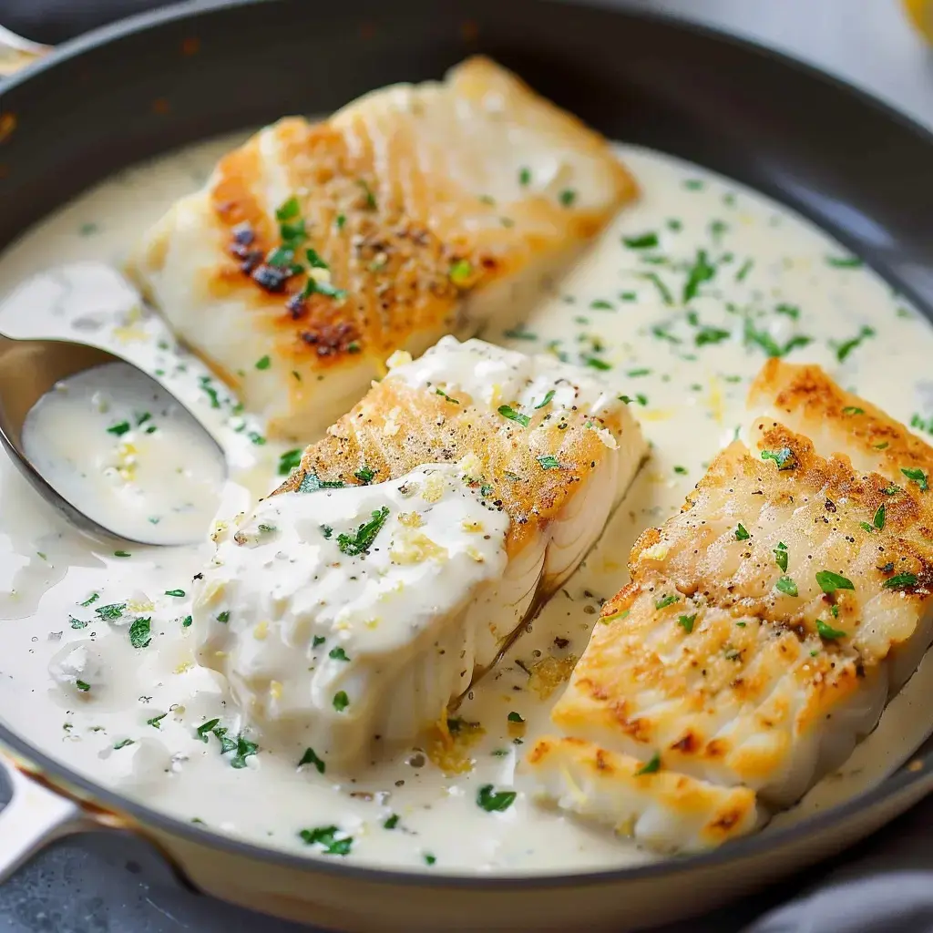 Goldbraun gebratene Fischstücke in einer cremigen Sauce, garniert mit Petersilie und Zitronenschale, werden in einer Pfanne serviert.