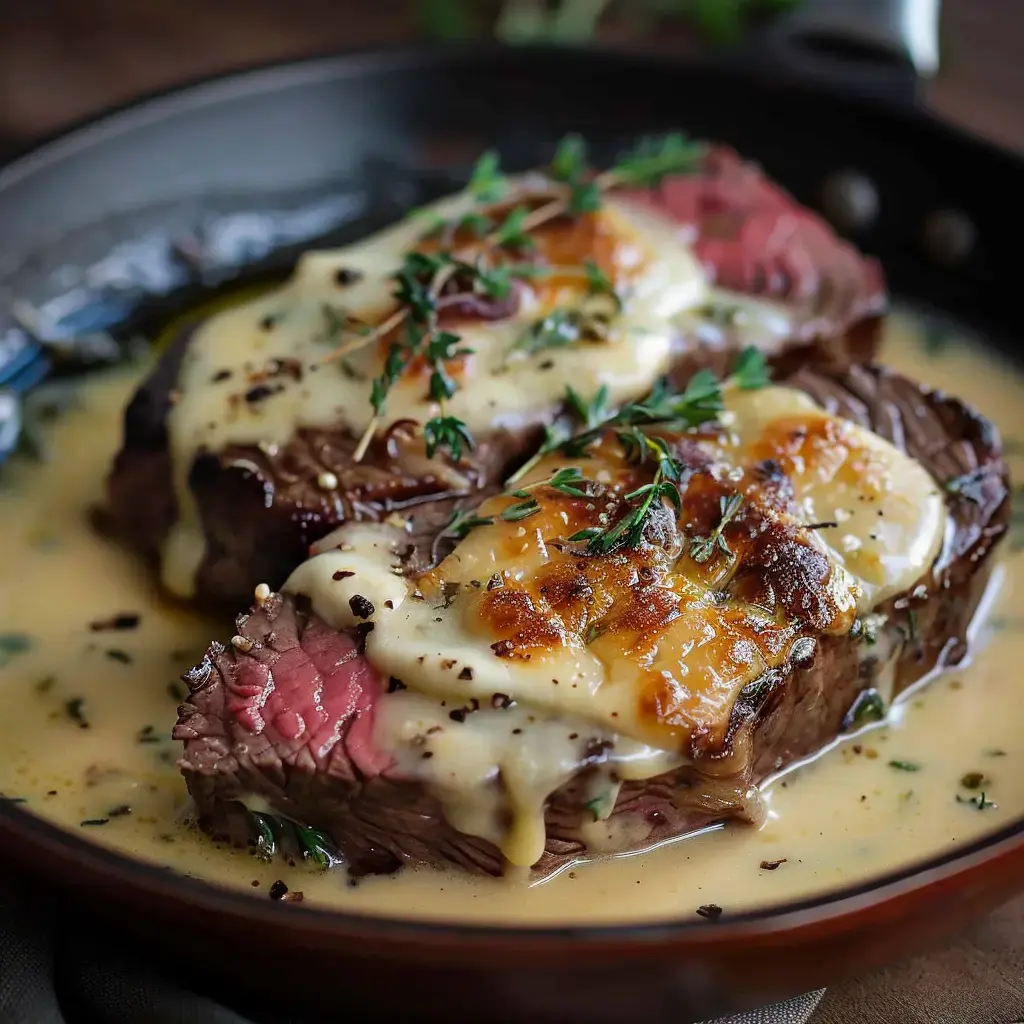 Zwei saftige Rindfleischstücke, mit cremiger Sauce überzogen und mit frischem Thymian garniert, in einer Pfanne serviert.