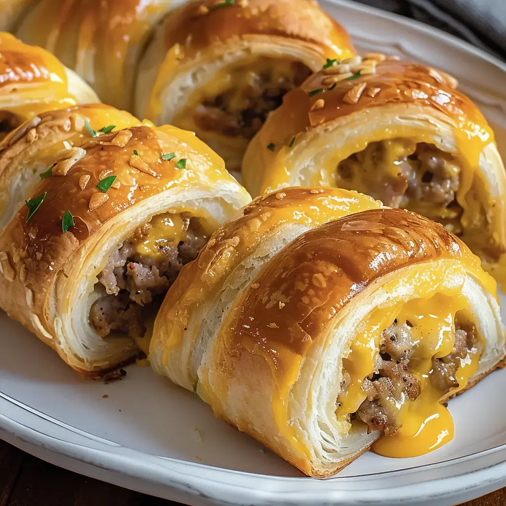 Goldene Blätterteigröllchen gefüllt mit Wurst und geschmolzenem Käse.
