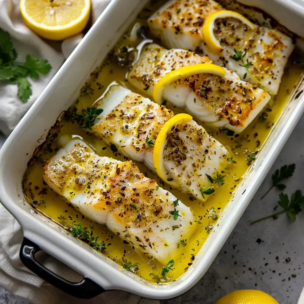 Im Ofen gebackene Fischfilets, garniert mit Zitronenscheiben und Kräutern, in einer Schale mit Olivenöl serviert.
