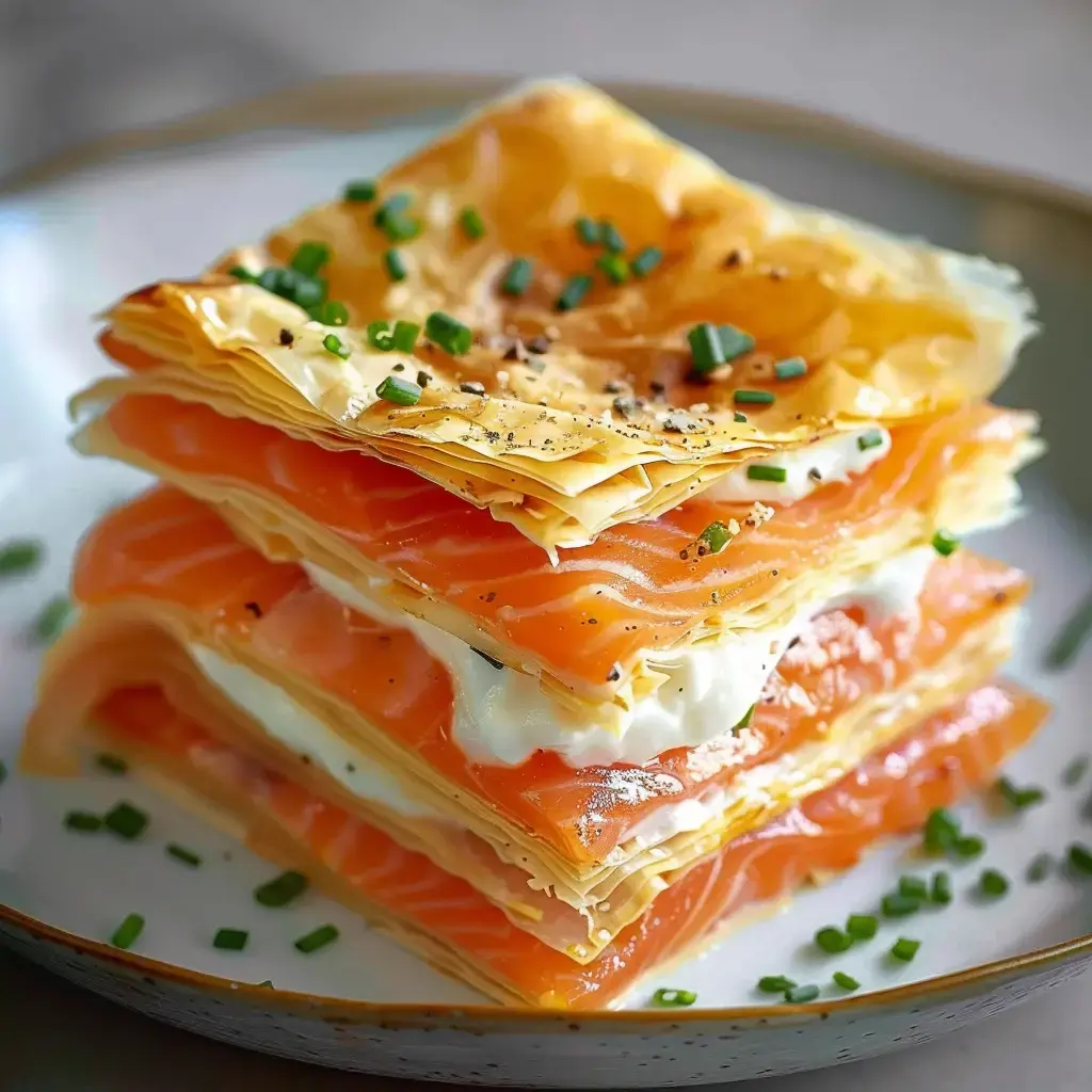 Ein geschichtetes Gericht aus feinen Filoteiglagen mit Räucherlachs und Creme, garniert mit Schnittlauch und Pfeffer.