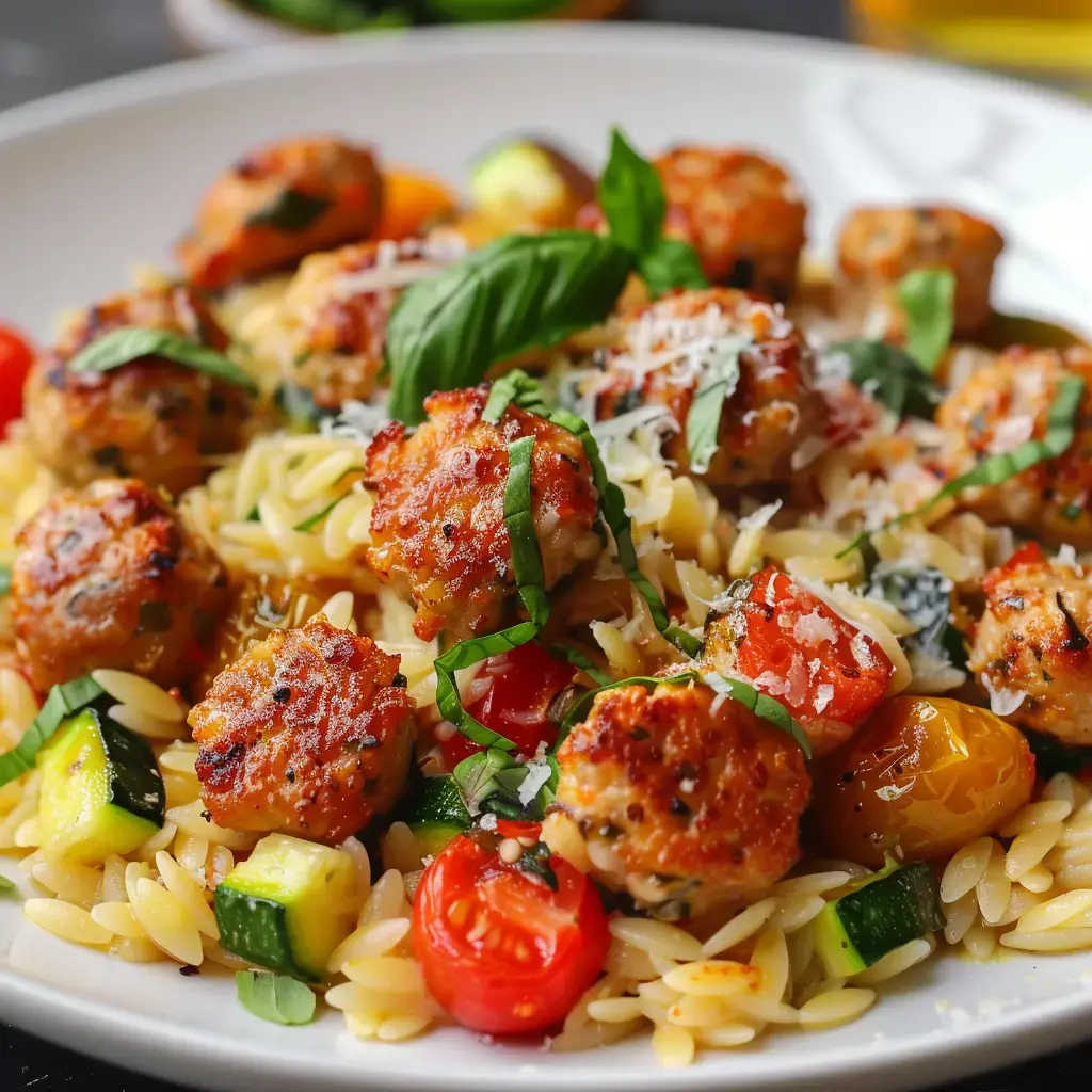 Ein Teller Orzo-Nudeln garniert mit Fleischbällchen, Kirschtomaten, Zucchini und Basilikum.