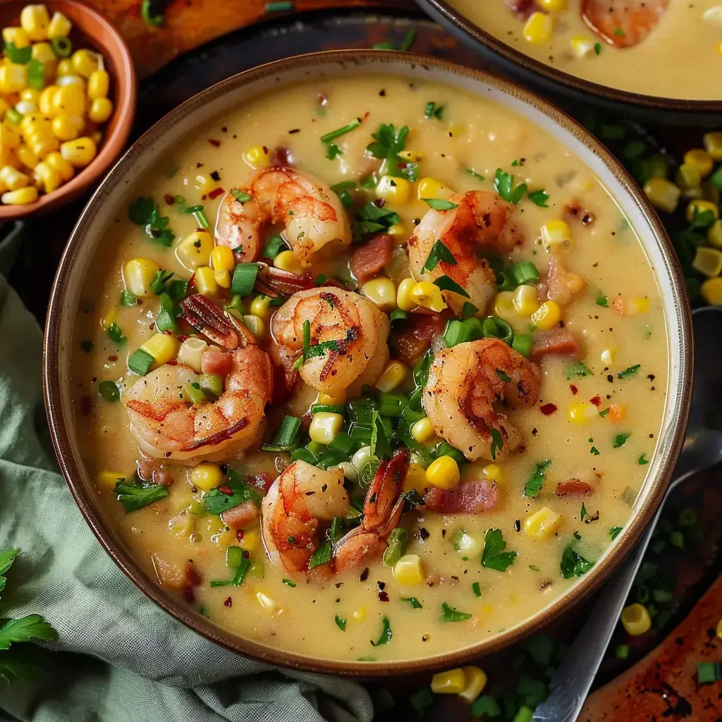 Eine cremige Garnelensuppe garniert mit Mais und Koriander in einer Schüssel.