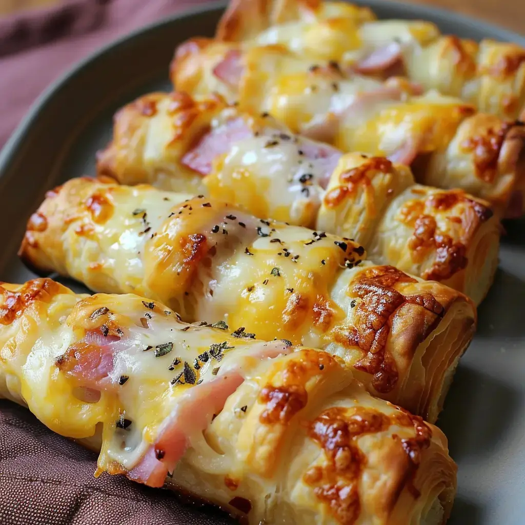 Mit Schinken und Käse gefüllte Blätterteigröllchen, schön goldbraun gebacken und mit Kräutern garniert.
