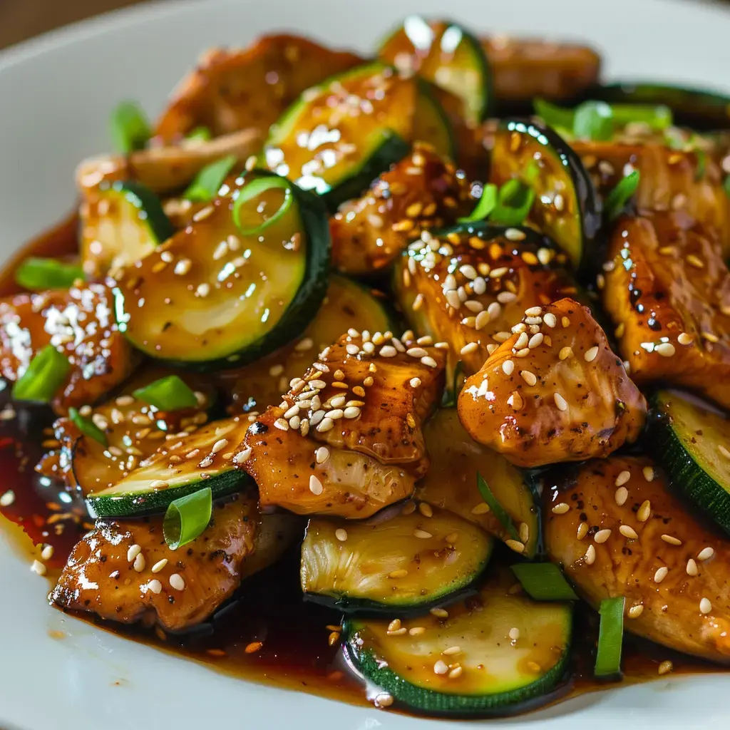 Ein köstliches Gericht aus gebratenem Hähnchen mit Zucchini, garniert mit Sesamsamen und Frühlingszwiebeln.