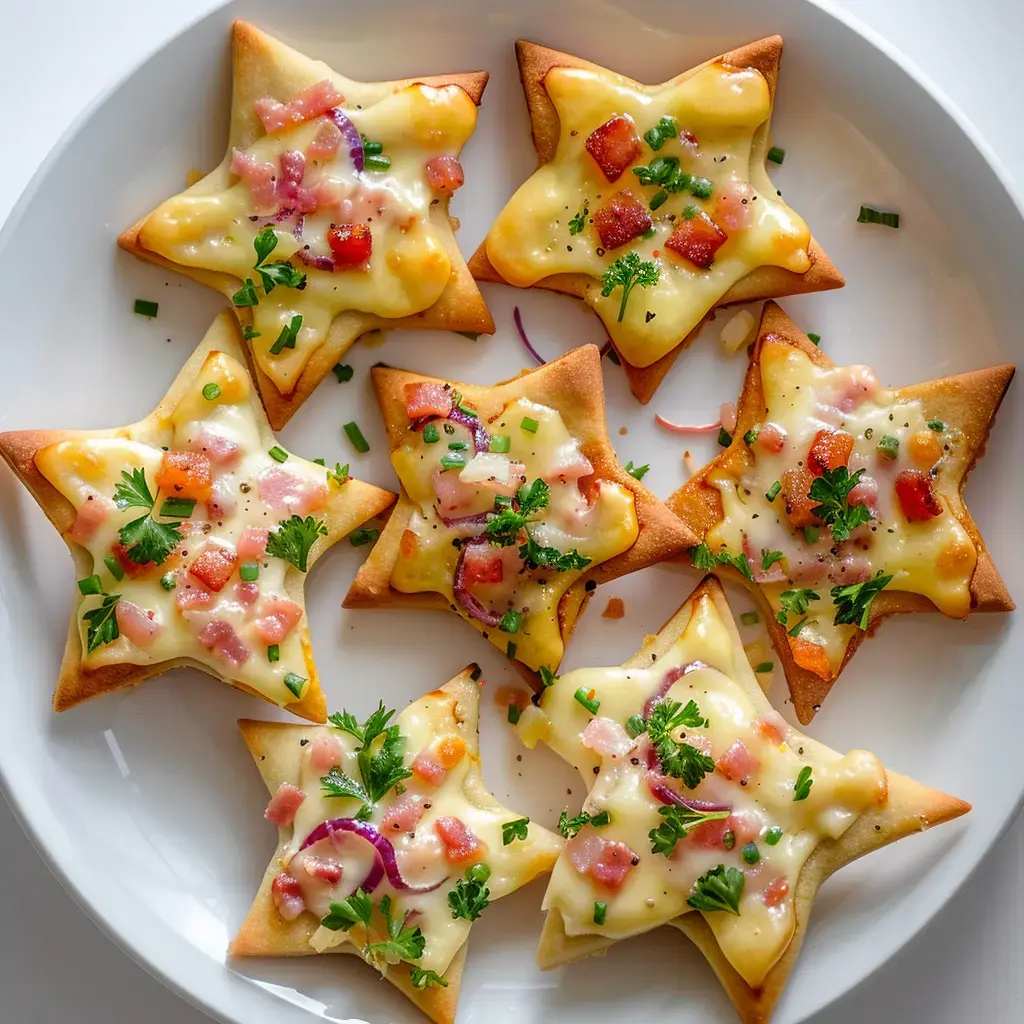 Teller mit sternförmigen Häppchen, belegt mit Käse, Tomatenwürfeln, roten Zwiebeln und Koriander.